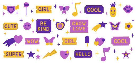 Set of cool retro girly stickers. Vector illustration in y2k style.