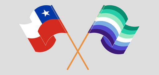 Crossed and waving flags of Chile and gay men pride