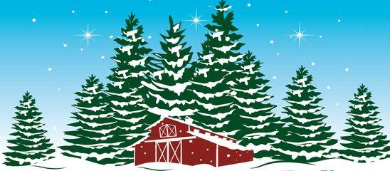 Fototapeta premium Christmas banner with blue sky, falling snow, nestled on a country background with a red barn.