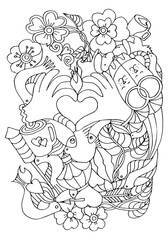 Coloring page. Valentine day. Love. Coloring book worksheet. Hand drawn vector illustration.