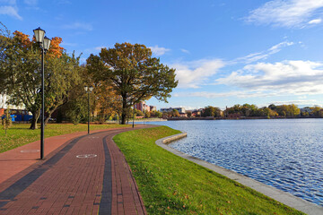 Golden autumn in October. Autumn park and lake landscape	