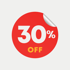 30% off. Sticker for discount sales, offer, promotion. Vector illustration on prices for shopping in store, retail.
