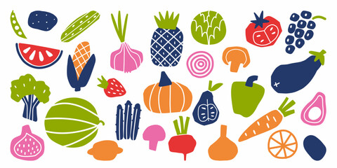 A set of stylized fruits and vegetables in Scandinavian style