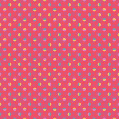 Colourful Polka-Dots on red background - seamless vector pattern. Bold geometric pattern with tiled circles and semicircles. Great for fashion, home decor and wallpaper.