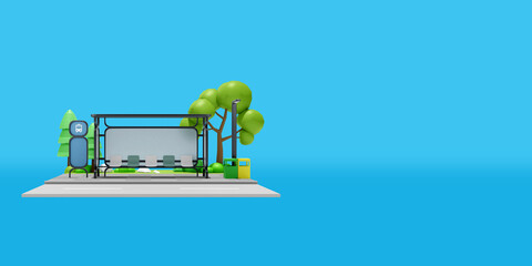 Empty bus stop shelter near the road on gradient background. 3d rendering image of low poly objects.
