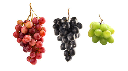 Collection of grape varieties on white background. Red grapes, black grapes, green grapes.
