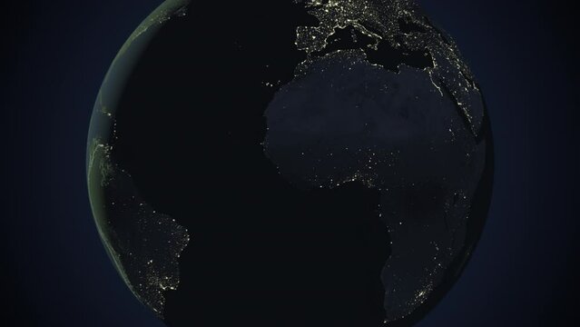 Seamless looping animation of the earth at night zooming in to the 3d map of Burkina Faso with the capital and the biggest cites in 4K resolution