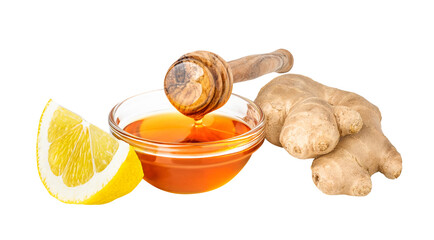 Honey, ginger and lemon isolated. Traditional medicine for cold and flu - Powered by Adobe