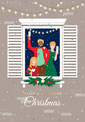 2023 Merry and safe home Christmas greeting vector card, poster, banner. Happy cheerful family of young parents, little daughter at apartment window, fir tree branch, deer antlers, glass of Chapmagne