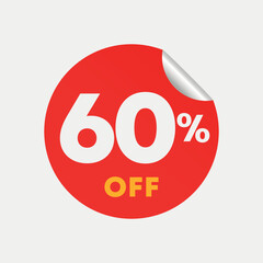 60% off. Sticker for discount sales, offer, promotion. Vector illustration on prices for shopping in store, retail.