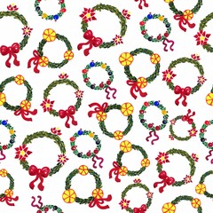 Christmas wreath seamless pattern. Decorations, ribbons, Christmas tree toys, orange slices. White background.