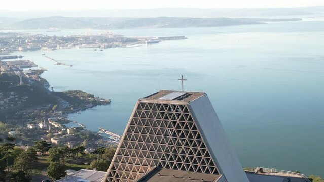 Aerial view Temple of Monte Grisa on Italian Karst Plateau mountain above Trieste , Friuli Venezia Giulia Italy