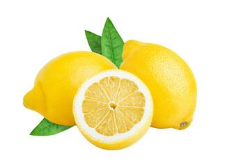 Lemons isolated. Three lemon fruits whole and cut half with green leaves