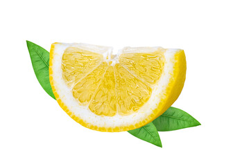 Lemon isolated. One cut wedge of lemon fruit with green leaves