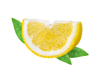 Lemon isolated. One cut wedge of lemon fruit with green leaves
