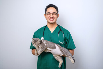 Smiling asian vet wearing green scrubs and stethoscope  holding cat