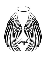 Angels wings vector illustration. Angel with wing and halo in doodle style. Hand drawn line sketch illustration with lettering