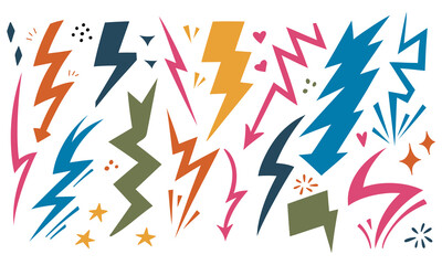 Handdrawn lightning set doodle icon. Hand drawn colorful set. Flash sign cartoon symbol. Decoration element. Vector Isolated illustration on white background