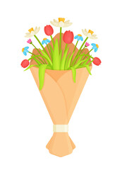 Bouquet of flowers to a loved one. Vector illustration of congratulations on March 8. Gift, tulips, love.