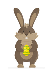 Standing rabbit with a ploughshare egg in its paws. Vector illustration banner for easter day.
