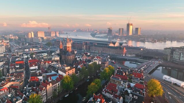 Aerial view of famous places Amsterdam, Netherlands. View of canal and old centre district.