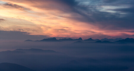 Canadian Mountain Landscape on the West Coast of Pacific Ocean. Dramatic Sunset and Hazy Smoky Sky. St. Mark's Summit near Vancouver, British Columbia, Canada. Nature Background