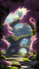 Fairytale garden with stone arch and lilacs. Fantasy landscape, lilac bushes, stone arch, portal, entrance, unreal world. 3D illustration