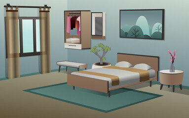 Bedroom with bed, wardrobe, mirror and bedside table