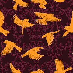 vector drawing natural pattern with birds and vintage flourish swirls , hand drawn illustration for cover design or print