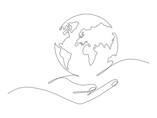 Human hand holding Earth globe continuous line art drawing. Save of Planet linear concept. Vector illustration isolated on white.