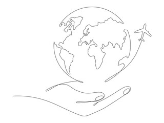 Human hand holding Earth with flying airplane continuous line art drawing. Travel linear concept. Vector illustration isolated on white.