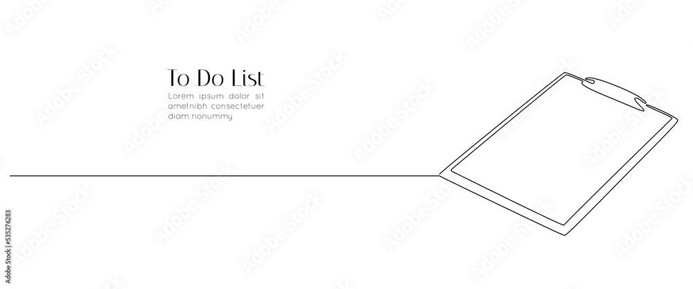 Poster clipboard with checklist in one continuous line drawing. concept test and to do list in simple linea