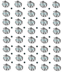 pattern with seashells drawn in black pencil and pearls with turquoise accents