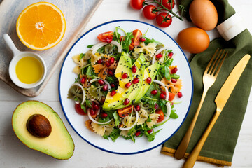 Argula salad with pasta bows, avocado, cherry tomatoes, pomegranate and sesame.