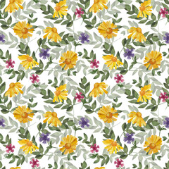 Yellow daisies on a background of green branches. watercolor seamless pattern