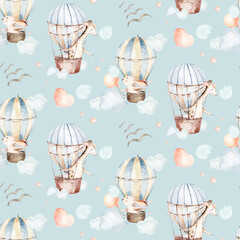 Cute baby animal and air balloon seamless pattern, giraffe and bunny, rabbit illustration for children clothing. Balloons Woodland watercolor Hand drawn boho image for cases design, nursery