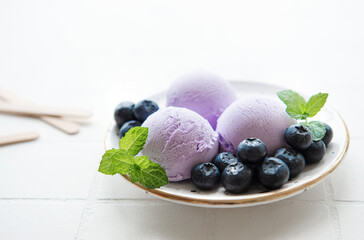 Homemade blueberry  ice cream with fresh blueberries