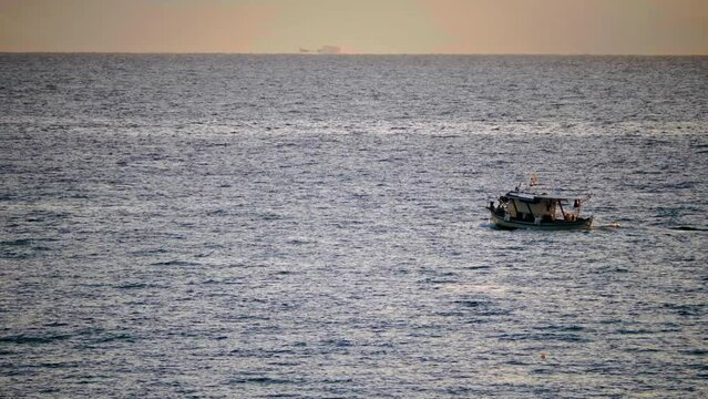 Boat Silhouette On Moraitika Sea, Messonghi Corfu Greece 2022