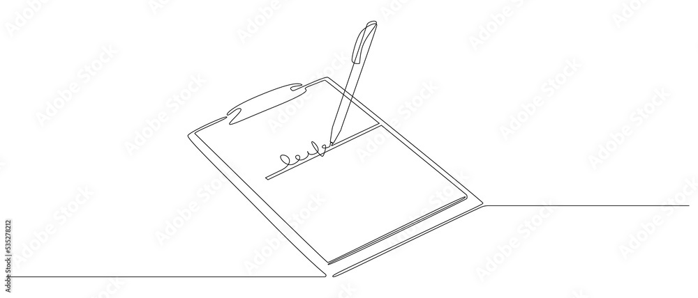 Poster clipboard with checklist and pen in one continuous line drawing. concept test and to do list in simp