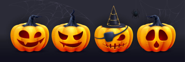 Set of 3D realistic scary and funny halloween pumpkin faces. Halloween  background. Vector illustration