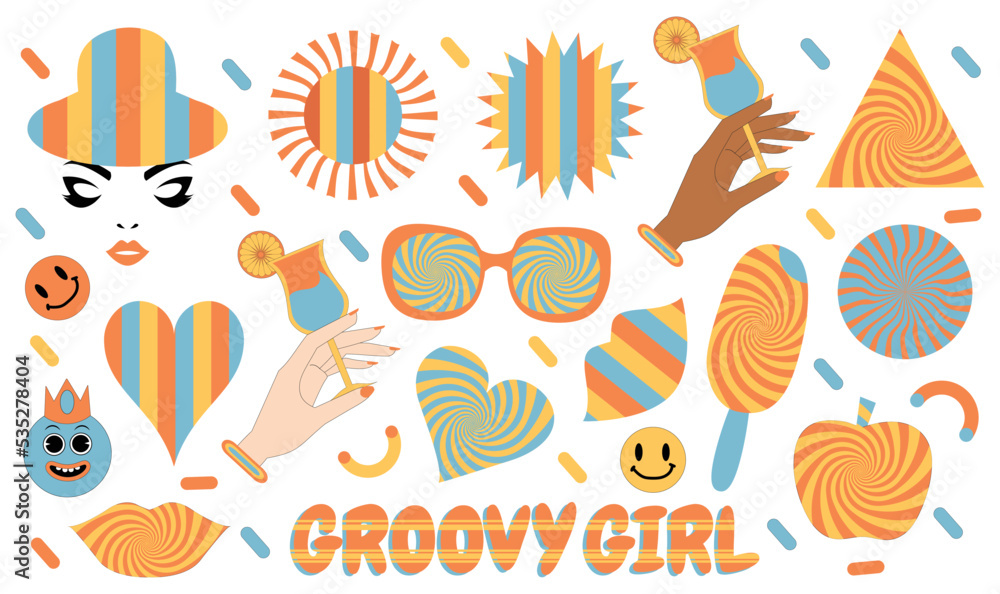 Wall mural Groovy Psychedelic Retro 90s style patches collection. Groovy trendy retro hippie sticker pack. Apple, Girl face, groovy girl, fashionable glass, Beer,  heart shape, modern shape,