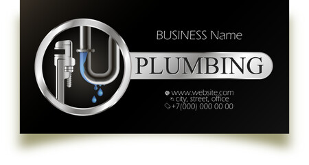 Business card concept for plumbing repair. Water wrench and water pipe