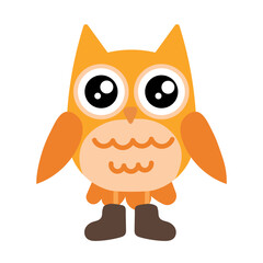 Cute red owl in boots. Child character for stickers, stickers, posters, book illustrations. Children's drawing. Vector illustration in cartoon style