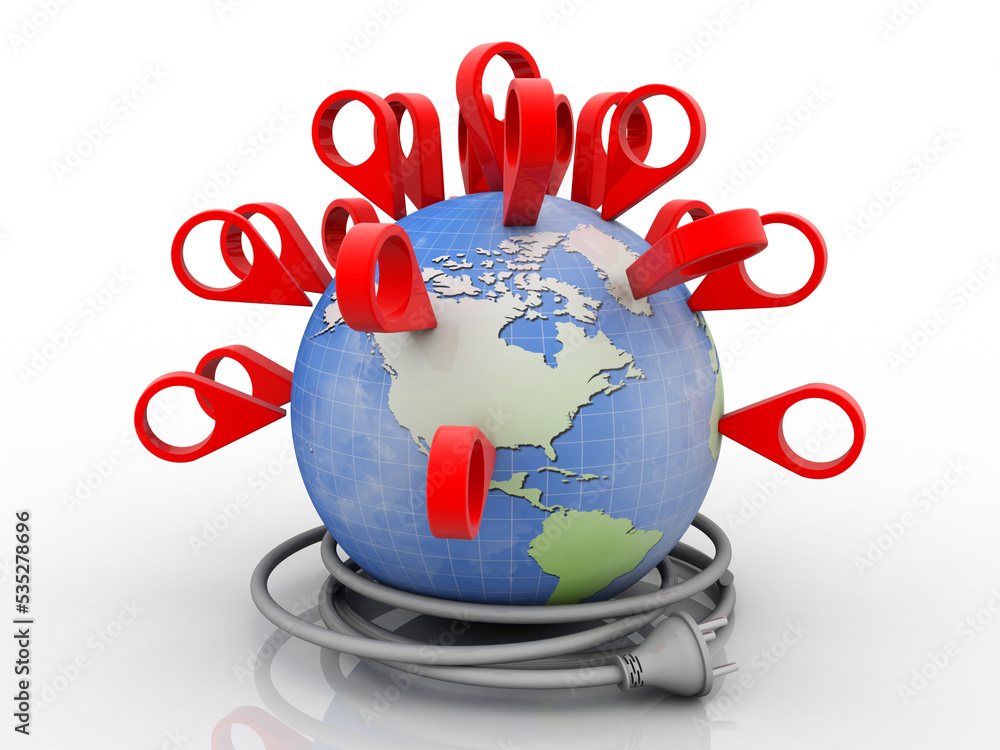Fototapete 3d rendering red map pointer around globe connected cable