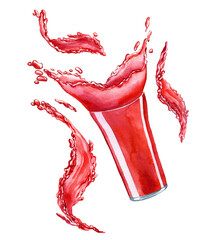 watercolor drawing glass with splash of red juice isolated at white background, hand drawn illustration