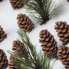 Computer generated 3D illustration seamless pattern tile of brown winter pinecones and green fir tree needles against a white snow background. A.I. generated art.