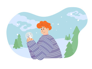 New Year illustration. The guy in the sweater holds a glass ball with a snowman