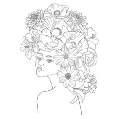 vector drawing woman with flowers at head , sketch of young girl, hand drawn illustration