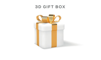 3d gift box, white gift boxes with golden bows and gold sequins confetti on white background, Merry Christmas, black Friday, 