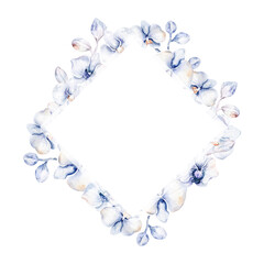 Watercolor floral frame wreath with gold orchid, cherry blossom, cotton head, palm leaves, beige and rose color, white, pink, vivid flowers, green leaves, for wedding greeting card. fashion background